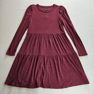 Gap Ribbed Tiered Mini Dress Burgundy Long Sleeve Puff Shoulder Babydoll M